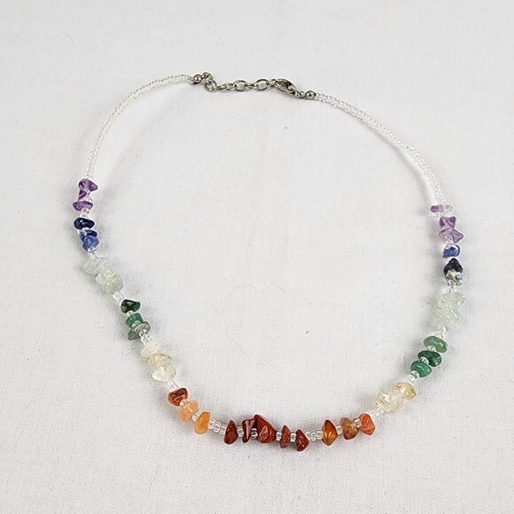Chakra Rainbow Gemstone Chip Beaded Necklace Energy Healing Handmade - Picture 1 of 9